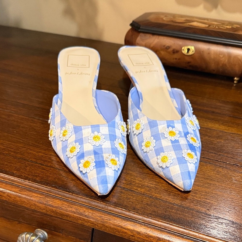 Dolce Vita x For Love and Lemons Blue and White Gingham daisy shoe. 7.5